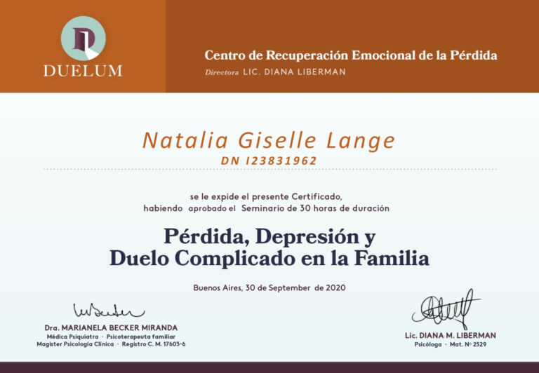 Certificado Pérdida, Depresión y Duelo Complicado en la Familia