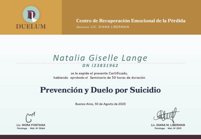 Certificado Prevención y Duelo por Suicidio